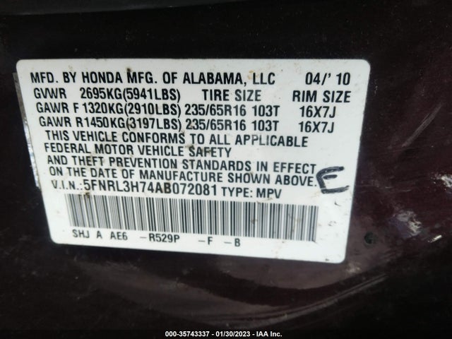 2010 HONDA ODYSSEY EX-L VIN: 5FNRL3H74AB072081