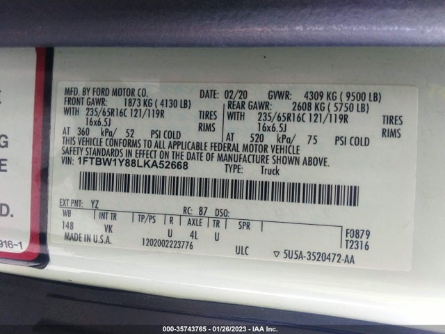 2020 Ford Transit, VIN: 1FTBW1Y88LKA52668