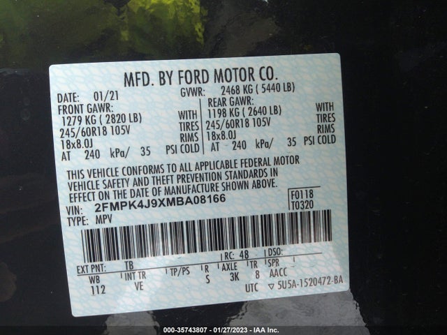 2021 Ford Edge, VIN: 2FMPK4J9XMBA08166