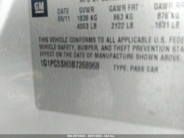 2011 CHEVROLET CRUZE LS VIN: 1G1PC5SH3B7268968