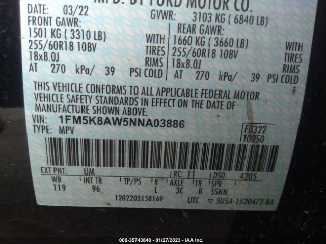 1FM5K8AW5NNA03886 Ford POLICE INTERCEPTOR
