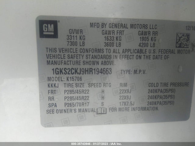 2017 GMC Yukon, VIN: 1GKS2CKJ9HR194663