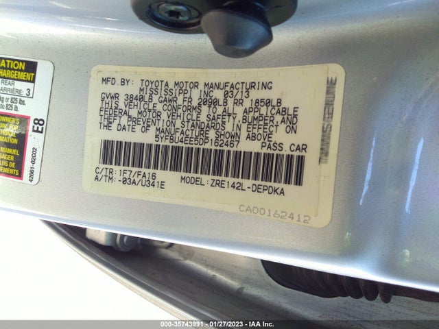 2013 TOYOTA COROLLA L/LE/S VIN: 5YFBU4EE5DP162467