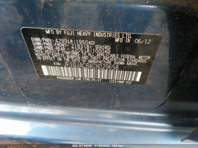 2012 Subaru Impreza Sedan 2.0i Premium მანქანა იყიდება აუქციონზე, vin: JF1GJAC64CH029658, აუქციონის ნომერი: 35744008