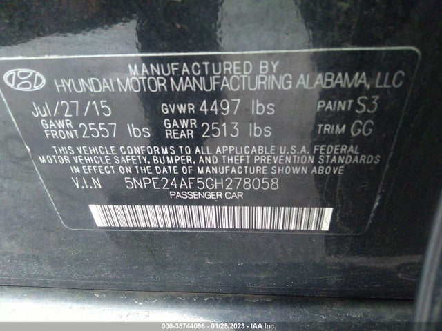 2016 HYUNDAI SONATA 2.4L SE VIN: 5NPE24AF5GH278058