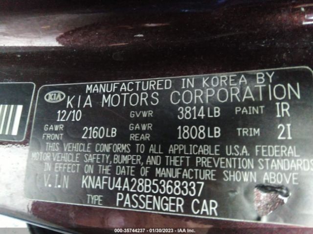 KNAFU4A28B5368337 KIA FORTE EX