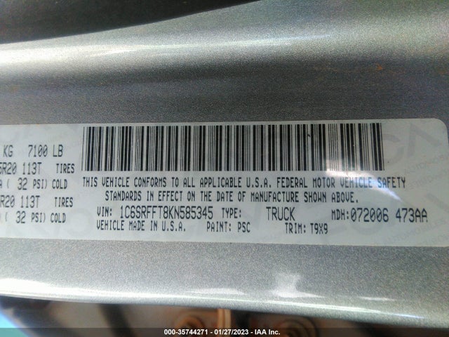 2019 RAM 1500 BIG HORN/LONE STAR VIN: 1C6SRFFT8KN585345