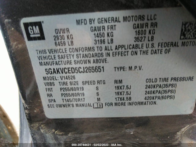 2012 BUICK ENCLAVE LEATHER VIN: 5GAKVCED5CJ265651