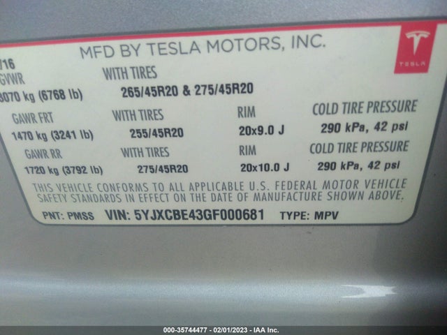 2016 Tesla Model X, VIN: 5YJXCBE43GF000681