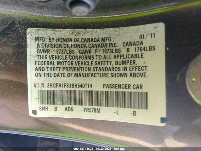 Honda CIVIC SDN 2011 2HGFA1F83BH540114 Image 9
