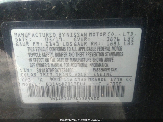 2019 Nissan Sentra, VIN: 3N1AB7AP3KY324400