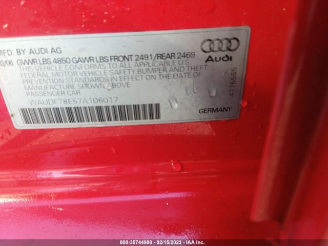 2007 AUDI A4 2.0T VIN: WAUDF78E57A106017