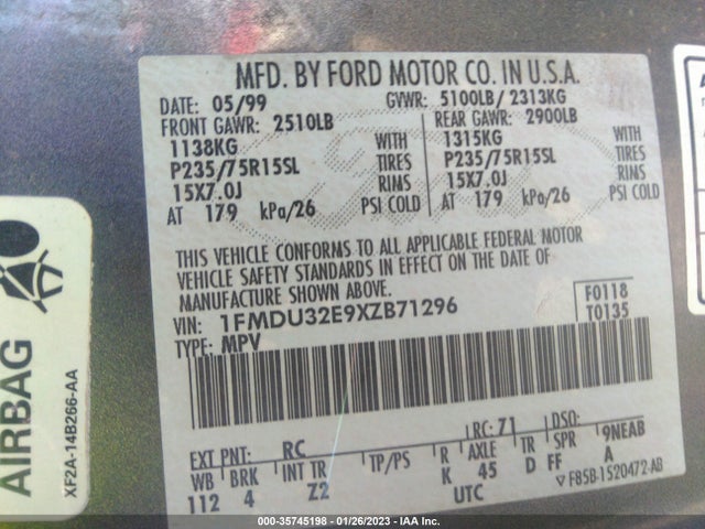 1999 FORD EXPLORER XLT/EDDIE BAUER/LIMITED VIN: 1FMDU32E9XZB71296
