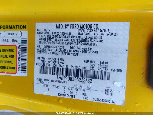2016 FORD MUSTANG ECOBOOST PREMIUM VIN: 1FATP8UH3G5275632