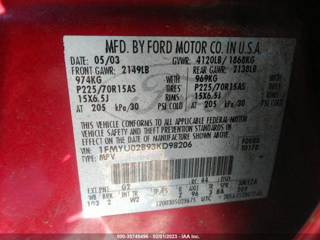 2003 FORD ESCAPE XLS VIN: 1FMYU02B93KD98206
