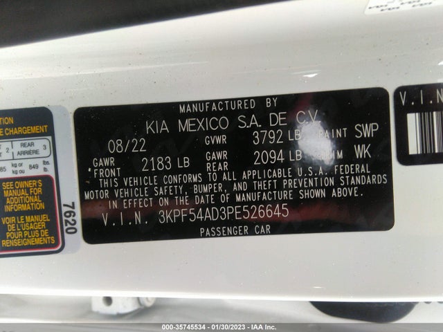 2023 KIA FORTE GT LINE VIN: 3KPF54AD3PE526645