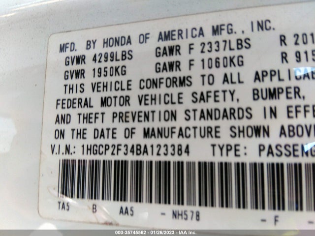 2011 HONDA ACCORD SDN LX VIN: 1HGCP2F34BA123384