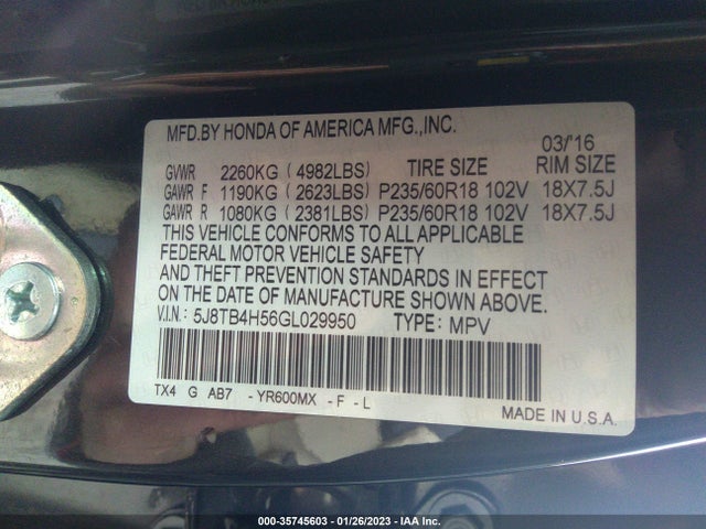 2016 Acura RDX, VIN: 5J8TB4H56GL029950