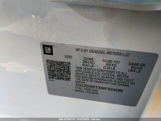 2021 CHEVROLET MALIBU LT VIN: 1G1ZD5STXMF024589