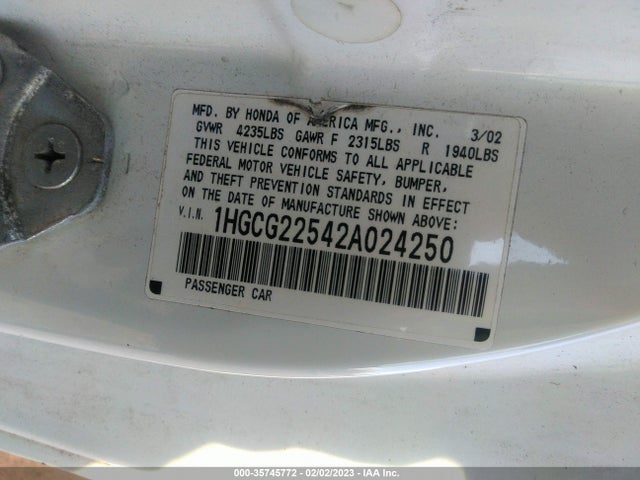 2002 HONDA ACCORD CPE EX W/LEATHER VIN: 1HGCG22542A024250