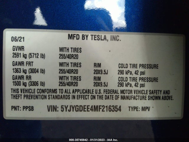 2021 TESLA MODEL Y LONG RANGE DUAL MOTOR ALL-WHEEL DRIVE VIN: 5YJYGDEE4MF216354