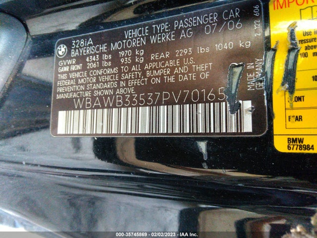 2007 BMW 3 SERIES 328I VIN: WBAWB33537PV70165