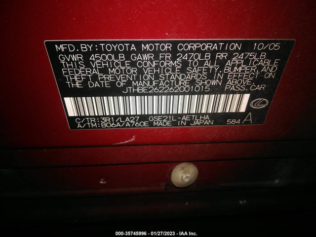 JTHBE262262001015 Lexus Is 350 Auto