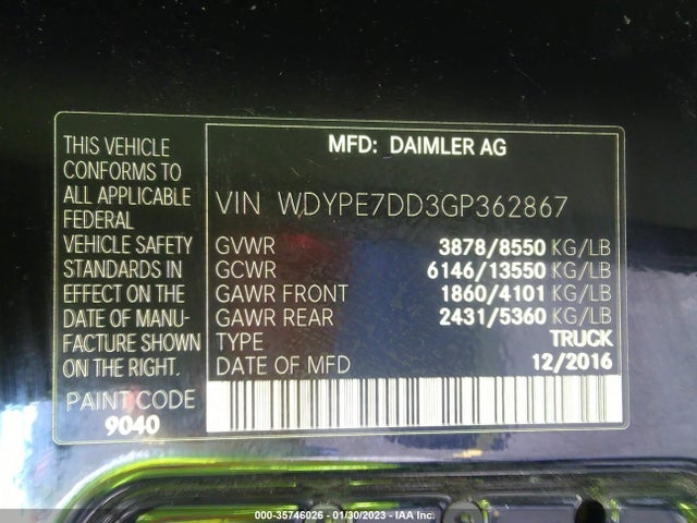 2016 FREIGHTLINER SPRINTER VANS VIN: WDYPE7DD3GP362867