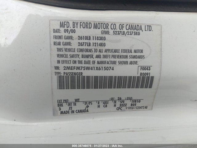 2001 MERCURY GRAND MARQUIS LS VIN: 2MEFM75W41X615074