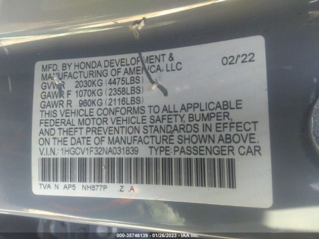 1HGCV1F32NA031839 Honda Accord Sedan Sport