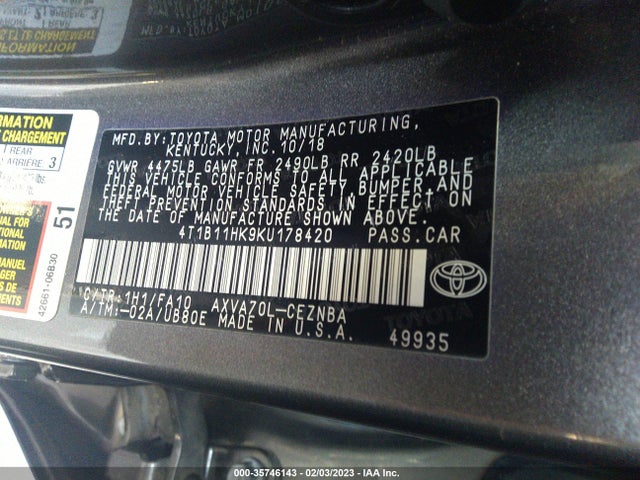 2019 Toyota Camry, VIN: 4T1B11HK9KU178420