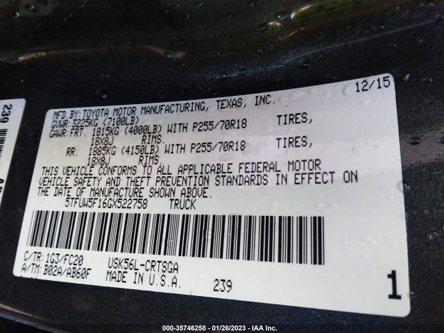 2016 Toyota Tundra, VIN: 5TFUW5F16GX522758