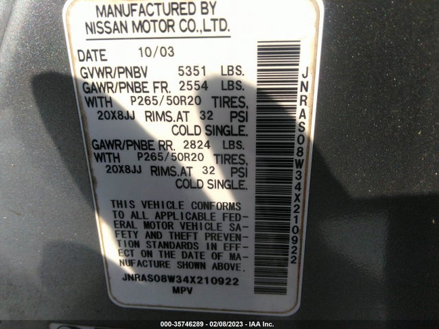 2004 INFINITI FX35 VIN: JNRAS08W34X210922