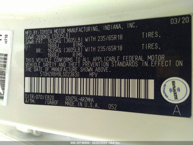 Toyota Highlander Xle 2020 5TDHZRBH9LS023830 Image 9