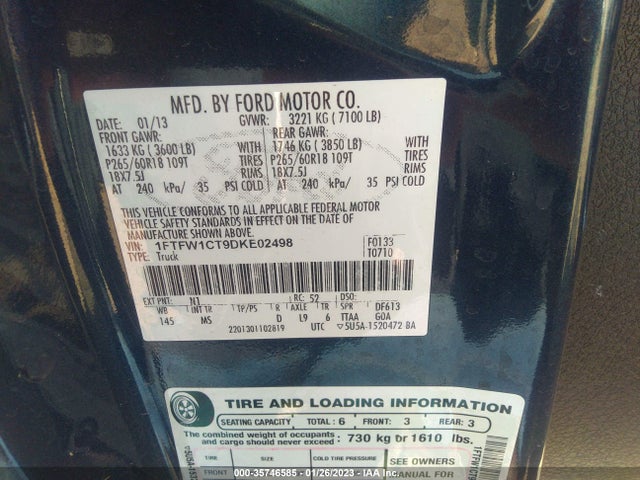 2013 FORD F-150 XL/XLT/FX2/LARIAT VIN: 1FTFW1CT9DKE02498