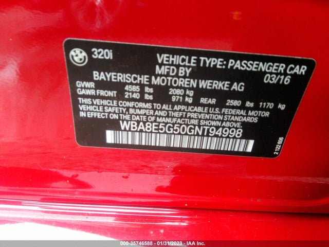 BMW 3 Series 320i Xdrive 2016 WBA8E5G50GNT94998 Image 9