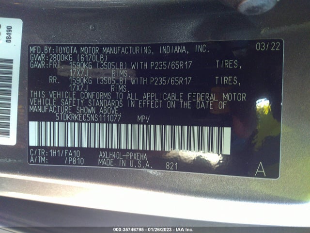2022 Toyota Sienna, VIN: 5TDKRKEC5NS111077
