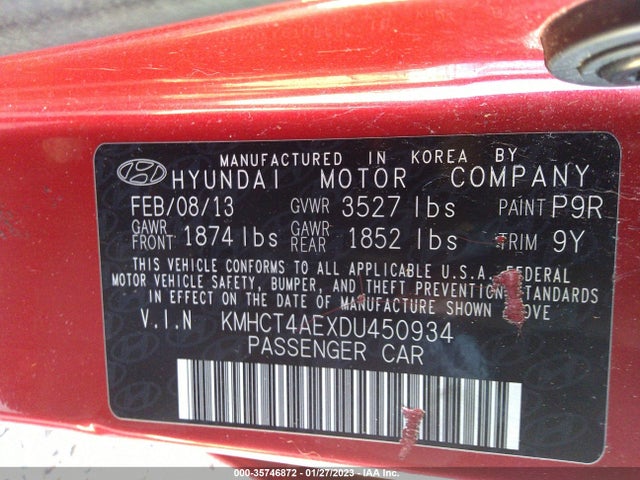 2013 HYUNDAI ACCENT GLS VIN: KMHCT4AEXDU450934