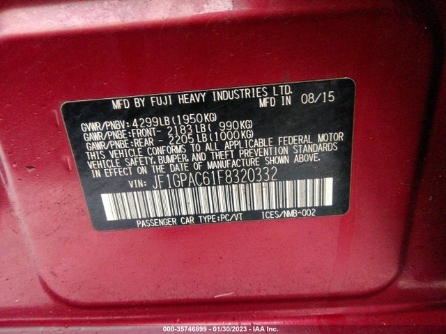 2015 SUBARU IMPREZA WAGON 2.0I PREMIUM VIN: JF1GPAC61F8320332