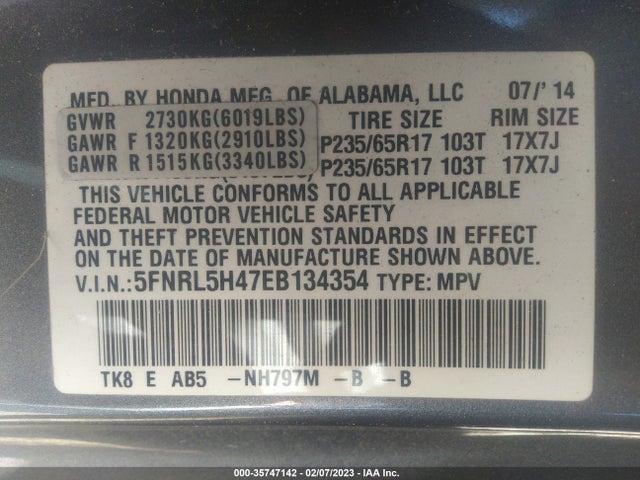 2014 HONDA ODYSSEY EX VIN: 5FNRL5H47EB134354