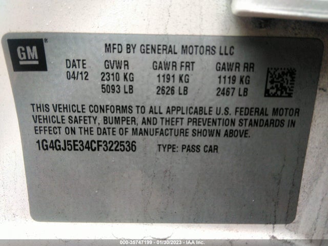 2012 BUICK LACROSSE TOURING VIN: 1G4GJ5E34CF322536