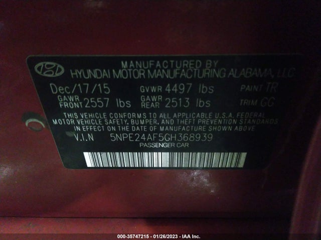 2016 HYUNDAI SONATA 2.4L SE VIN: 5NPE24AF5GH368939