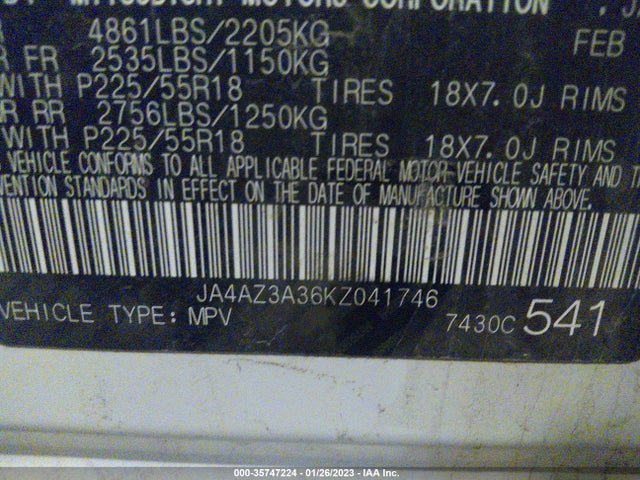 2019 Mitsubishi Outlander, VIN: JA4AZ3A36KZ041746