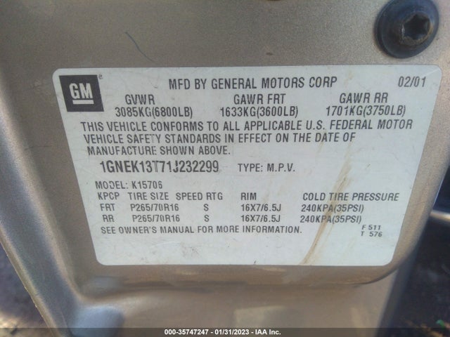 Chevrolet Tahoe Lt 2001 1GNEK13T71J232299 Image 10