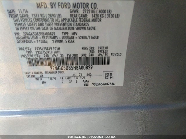 2017 FORD FLEX LIMITED VIN: 2FMGK5D85HBA00829