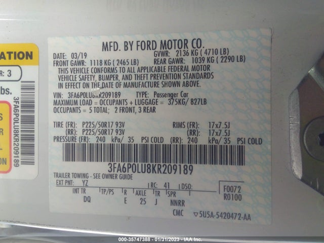 Ford Fusion Hybrid Se 2019 3FA6P0LU8KR209189 Image 9