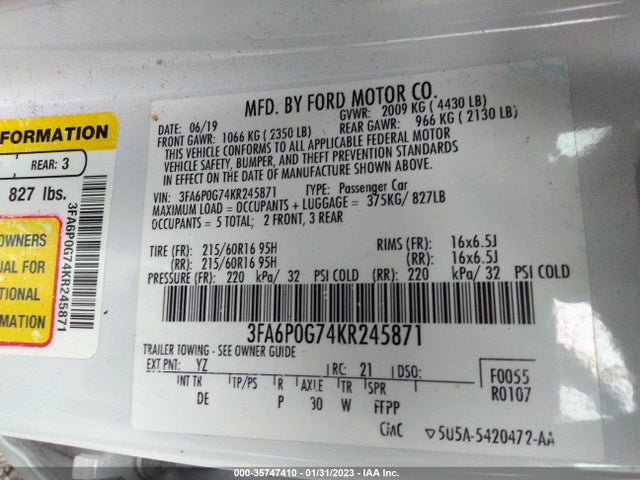 Ford FUSION S 2019 3FA6P0G74KR245871 Image 10