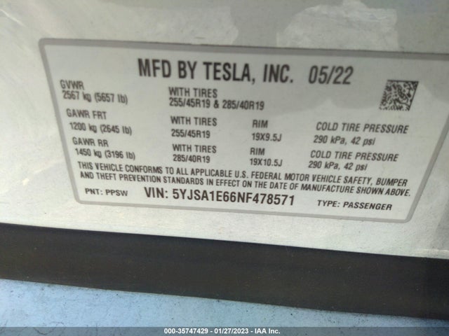 Tesla Model S Plaid 2022 5YJSA1E66NF478571 Image 10