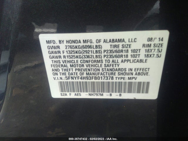 2015 Honda Pilot, VIN: 5FNYF4H93FB017378