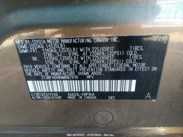 2010 TOYOTA RAV4 VIN: 2T3BF4DV8AW067916